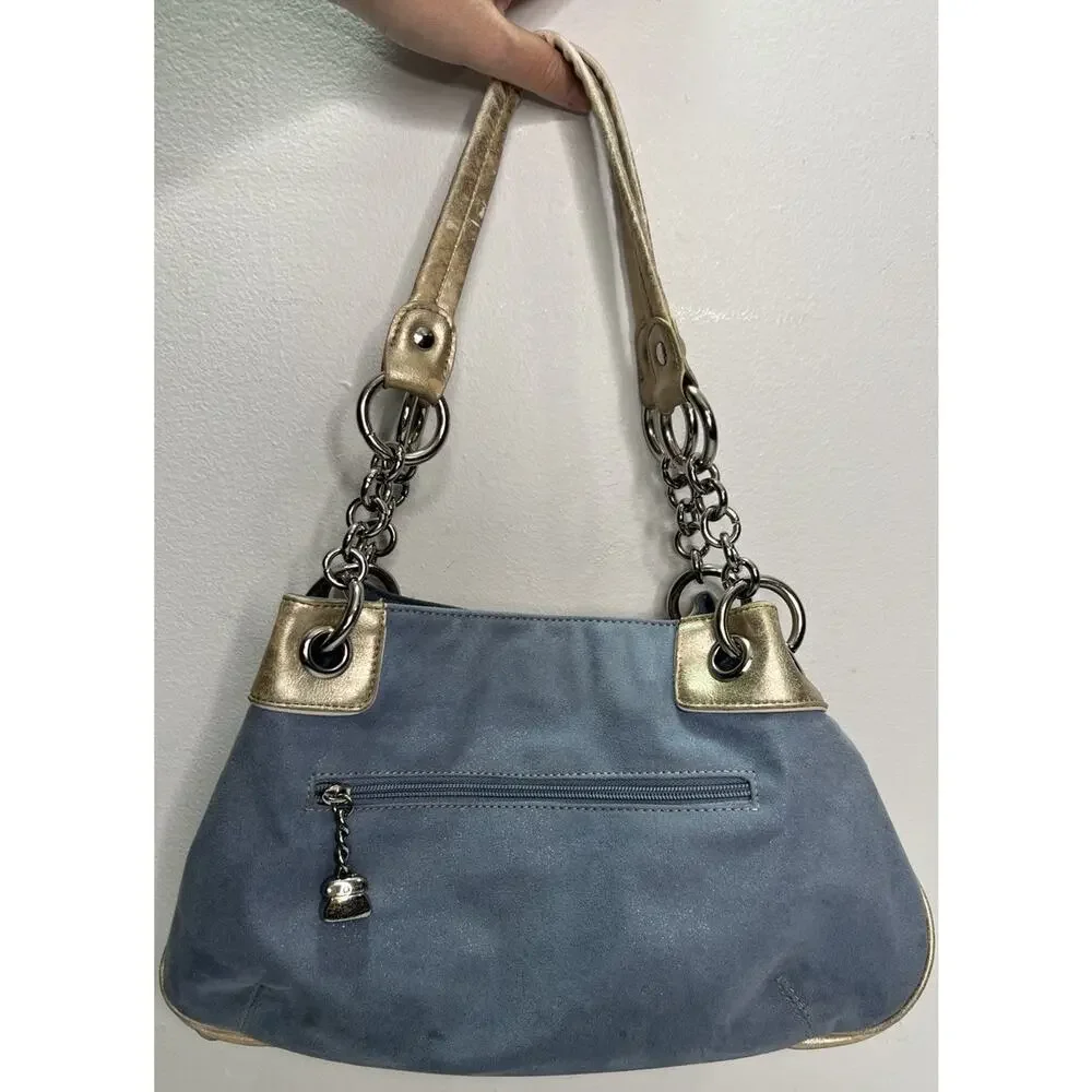 Kathy Van Zeeland Gold Blue Shimmer Distressed Purse Silver Studs Y2K